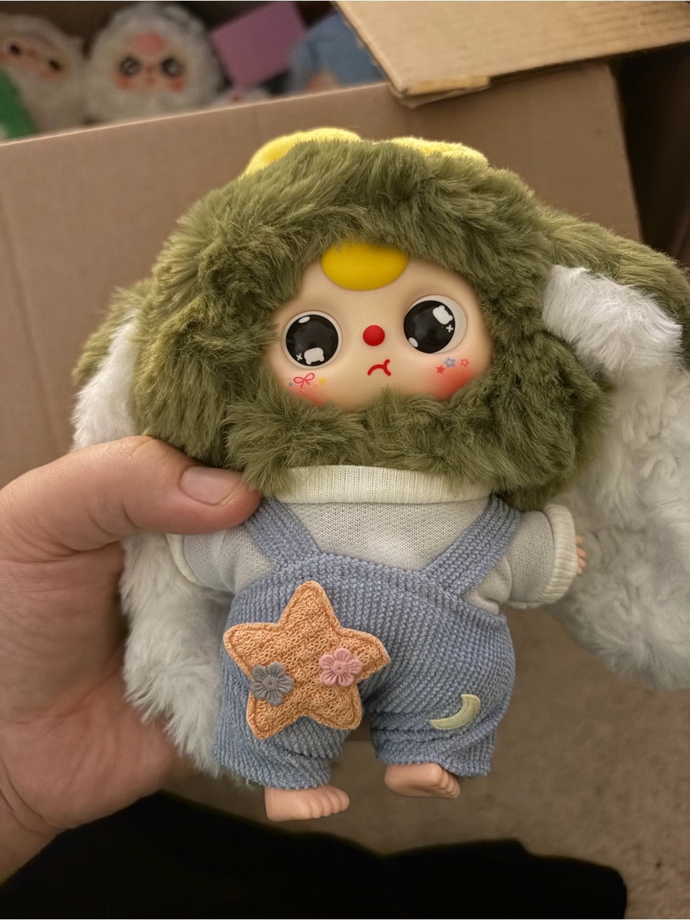 Plush Bunny Doll in Olive Green Hood with Blue Overalls